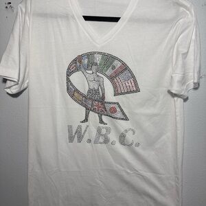 World Boxing Council White  T-Shirt SZ  M  Beaded/rhinestone,  V NECK NWOT